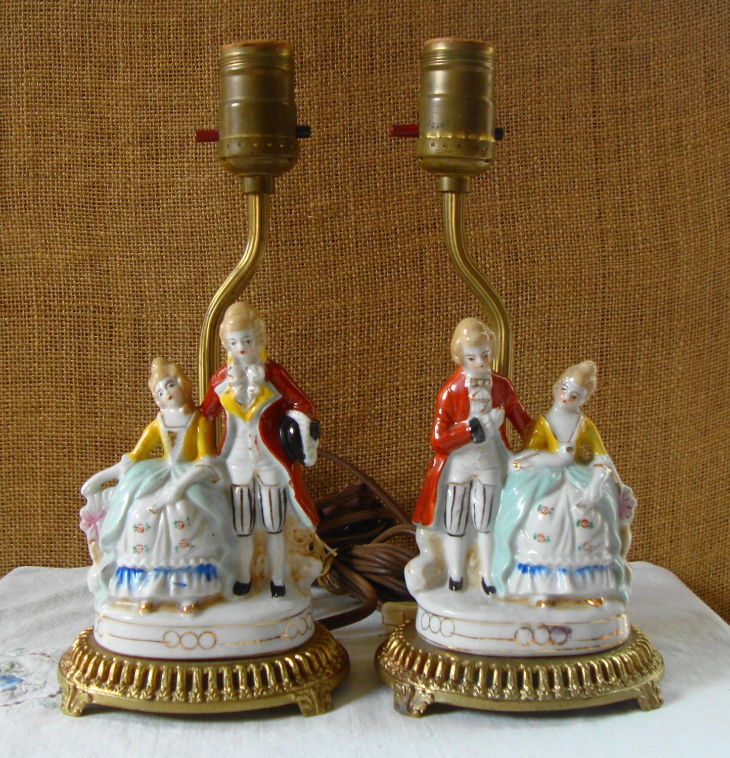 2 VICTORIAN LAMPS Porcelain Couple In Finery by Poppycbrilliant