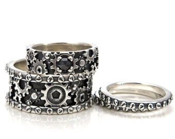 His and Hers Steampunk Gear Ring Set - Sterling Silver and Black Diamond