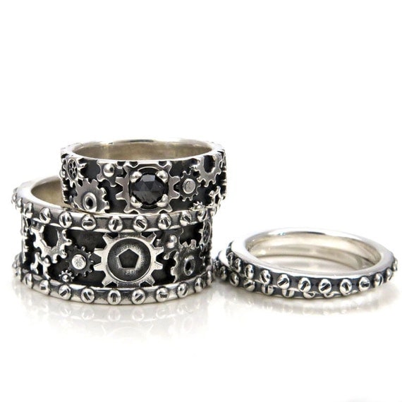 items similar to his and hers steampunk gear ring set sterling silver and black diamond on etsy - Gear Wedding Ring items similar to his and hers steampunk gear ring set sterling silver and black diamond on etsy - Gear Wedding Ring