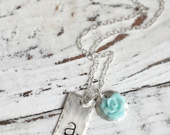 Personalized Necklace . Personalized Initial . Bridesmaid Jewelry . Gift for Girl . Christmas Gift . Girlfriend . Stamped Jewelry . Rose