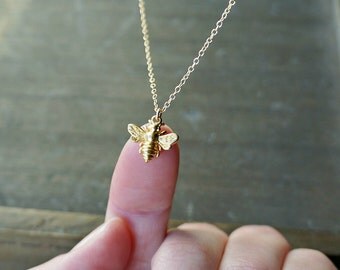 Gold Bee Necklace / Tiny Gold Bumble Bee Pendant on a 14k Gold Filled Chain ... detailed realistic chubby honey bee necklace