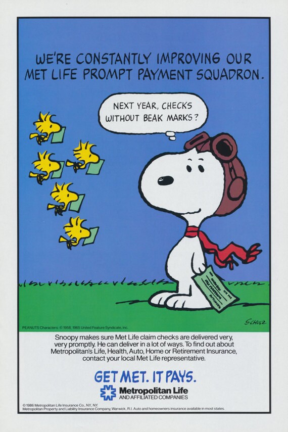 1986 Met Life Insurance Ad Snoopy Schulz Comic by
