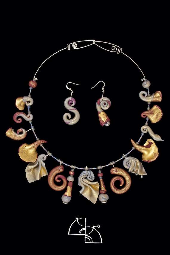 Over the edge". Jewelry Set. Unusual original design necklace and earrings. all hand made. polymer clay.