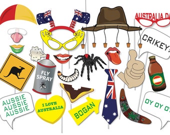 Great Australia Day Photo booth Party Props Set - 42 Piece PRINTABLE - Australia Day Photo Booth Props, flag, crocodile, witchetty grub