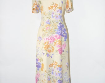 pastel floral long dress / vintage watercolor dress / 90s flowers midi dress / yellow rayon column dress
