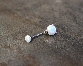 White Fire Opal Belly Button Ring, Internally threaded White Opal Navel Piercing Jewelry 316L Surgical Steel, Handmade Prong Set 14G 1.6mm