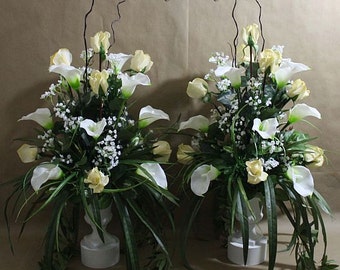 1 Pc, Altar, arrangement/centerpiece, ivory, white, Real Touch flowers, silk, wedding, rose/roses, calla lily/lilies, baby's breath, grass