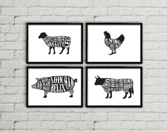 Butcher diagram, Butcher chart, Butcher print, Meat cuts print, Meat cuts poster, Rustic kitchen decor, kitchen wall art, kitchen decor