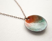 Tangerine and Lucite Green Enamel Necklace, handmade enamel,