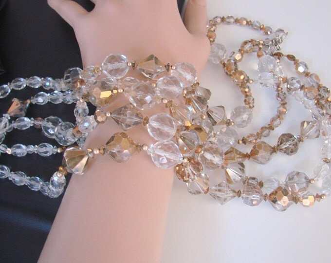 Vintage Choker Crystal Bead Bib Necklace / Aurora Borealis / Crossover Style / Jewelry