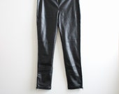 Jet Black Stretch Faux Leather Evening Pants With Ankle Zippers Deadstock 90s Vintage Rock Star