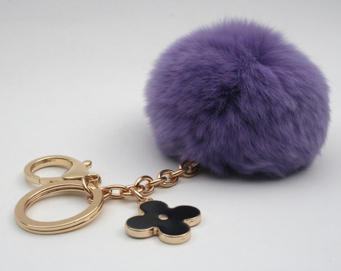 Pom-Perfect Purple REX Rabbit fur pom pom ball with black flower keychain