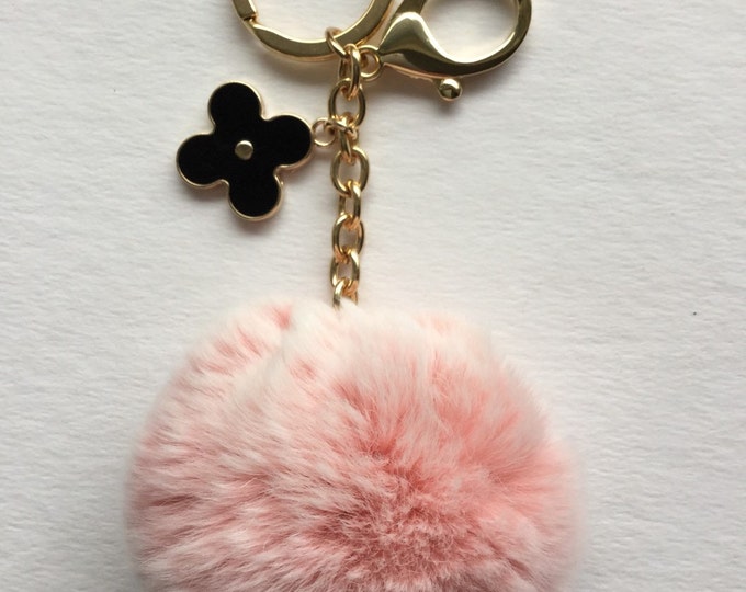 Pink fur pom pom keychain frosted REX Rabbit fur pom pom ball with flower charm