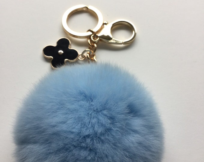 Baby blue fur pom pom keychain REX Rabbit fur pom pom ball with flower bag charm