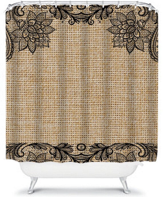 Items similar to Floral and Lace Burlap Shower Curtain, Black Lace