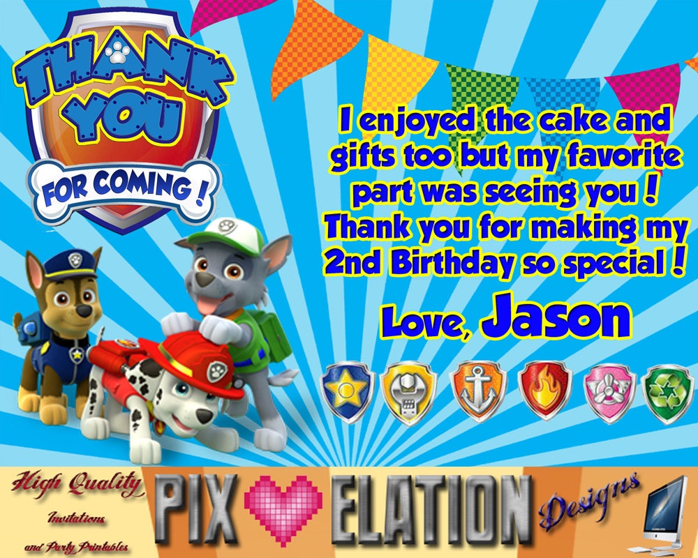 Paw Patrol Thank You Card Paw Patrol by PixElationDesigns on Etsy