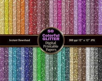 Colorful Glitter Digital Paper Pack 50 Sparkle Digital Scrapbook Paper INSTANT DOWNLOAD Printable Wrapping Paper Graphics Tinsel 12x12 JPG