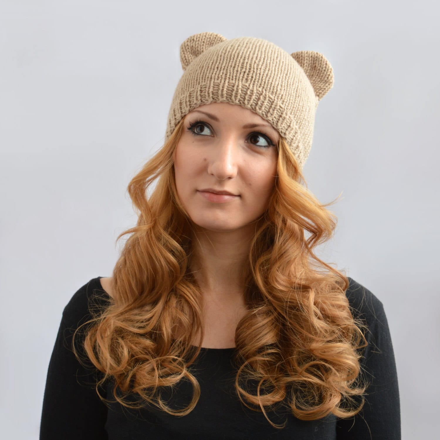 Beige Bear Hat Knit Bear Ear Hat or Bear Beanie Womens Bear