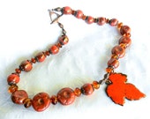Handmade Enameled Scarlet on Copper Leaf Pendant, Polly Ceramica Beads
