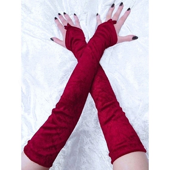 red extra long velvet fingerless gloves arm by FashionForWomen
