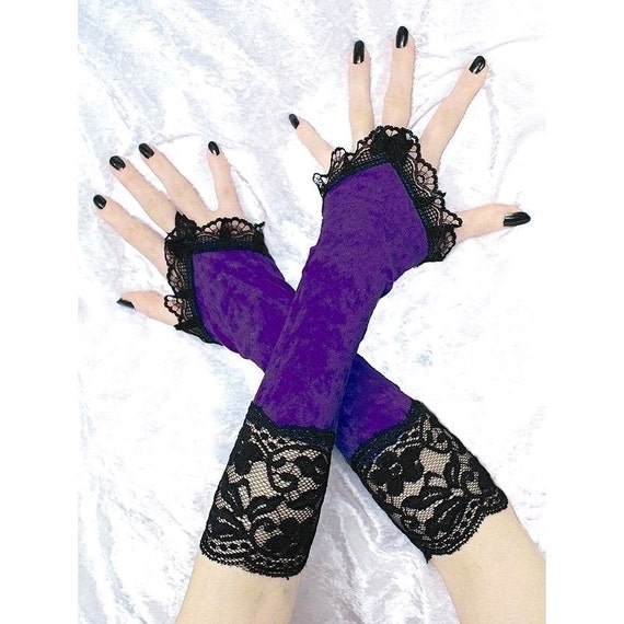 Items similar to black purple long velvet fingerless gloves black lace