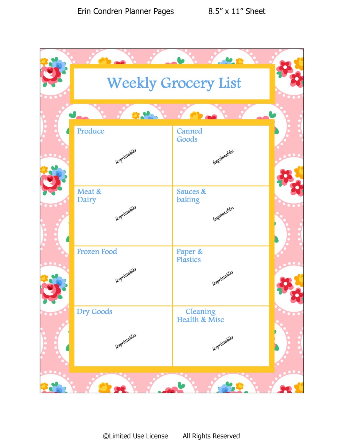 PRINTABLE-weekly Grocery List-Erin Condren planner insert-planner mania ...