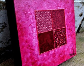 Art abstrait, collage de tissus sur toile et peinture acrylique