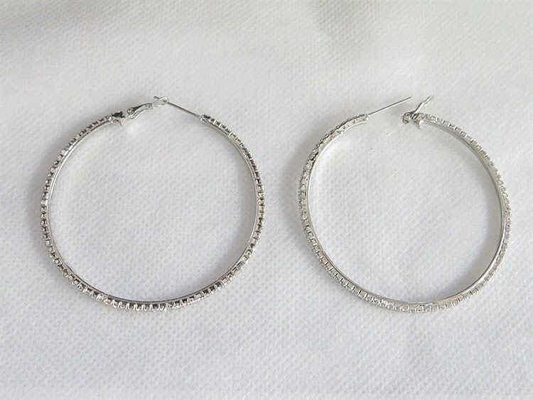 HOOP EARRINGS/ Silver Rhinestones Hoop/ Lined by