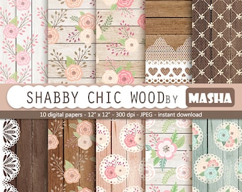 Roses and wood digital papers: "SHABBY CHIC WOOD" with flowers and wood digital paper, lace and wood for scrapbooking, invitations, cards