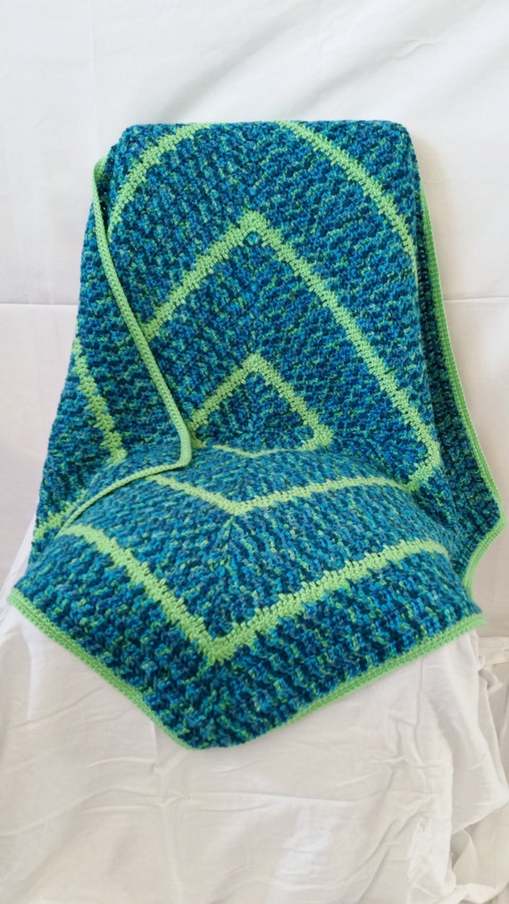 Crocheted Lime Green and Blue Variegated Square Baby Blanket