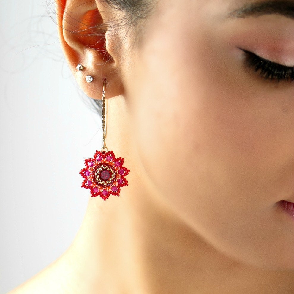 Red dangle earring Red flower earring Red crystal earring