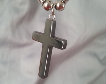 Beautiful Solid Hematite Cross Pendant Necklace