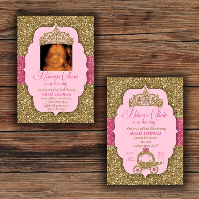 Pink Gold Glitter Princess Baby Shower Invitations or Thank