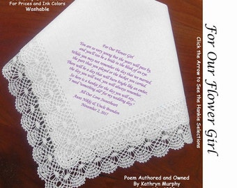 Flower Girl Gift Handkerchief ~ 0905A Sign & Date Free! 5 Flowergirl Handkerchief Styles and 8 Ink Colors. Flower Girl Hankerchief