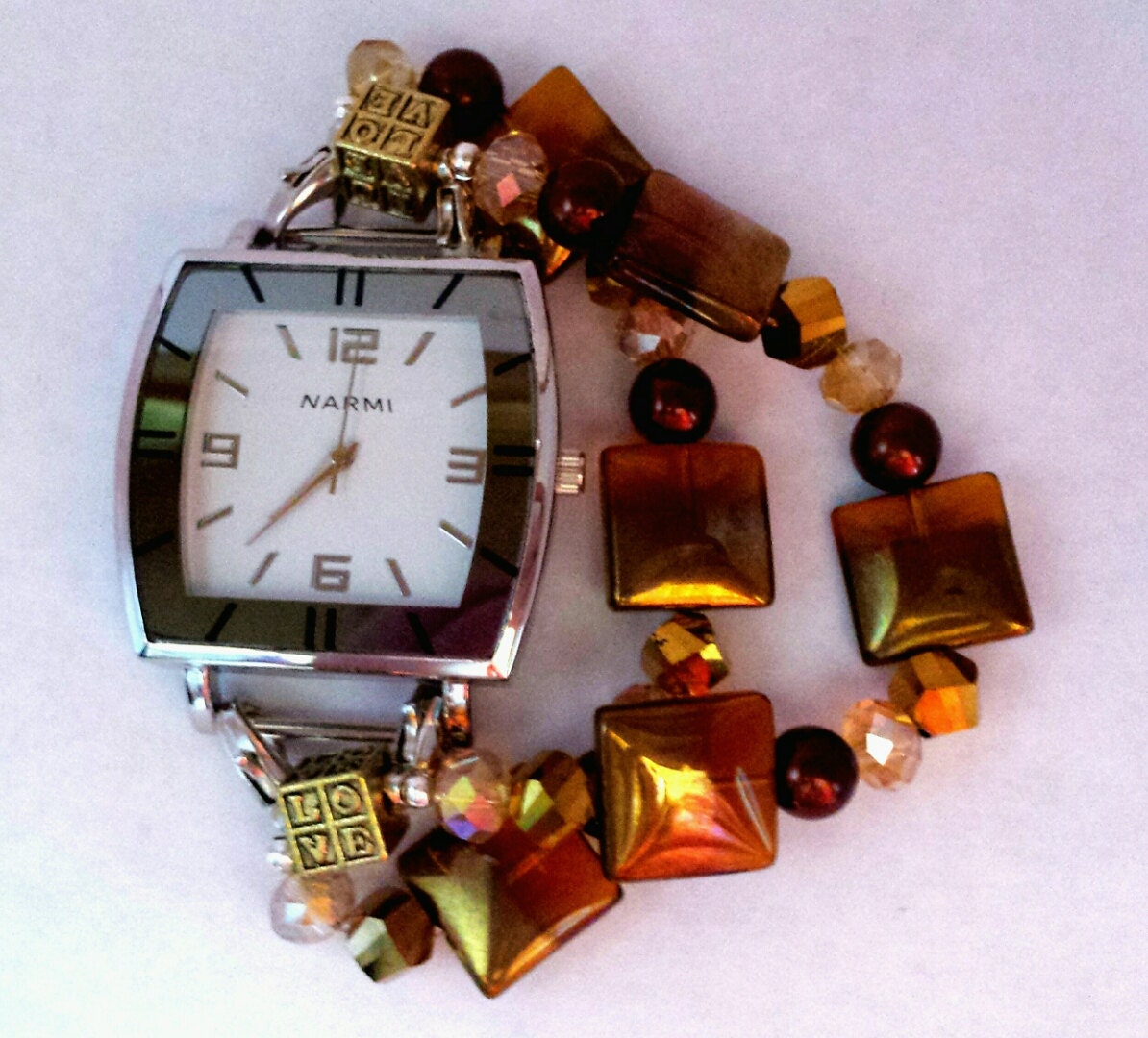 2 tone brown glass beaded watch band stretch watch