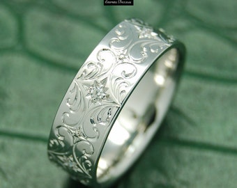 RENAISSANCE Pattern Cubic Silver Ring, Hand Engraved Band, Gemstone Ring, Vintage Style Promise Ring, Anniversary Ring, Engagement Ring