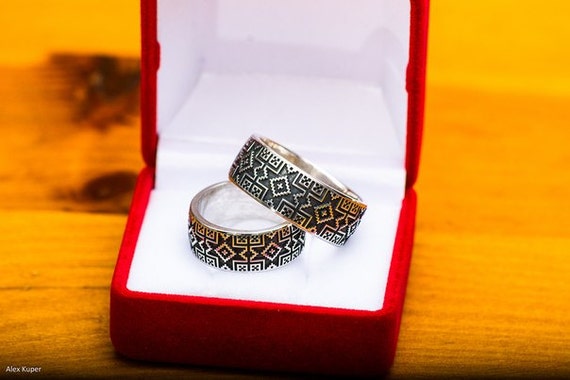 hers Ukrainian ethnic wedding ring set. Solid silver hand-made wedding ...