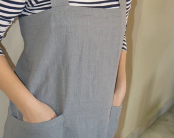 SALE! Linen Pinafore Apron - Mediumweight 100% Flax Linen, Japanese Apron, Crossback Apron, Linen Pinafore Apron, No tie apron