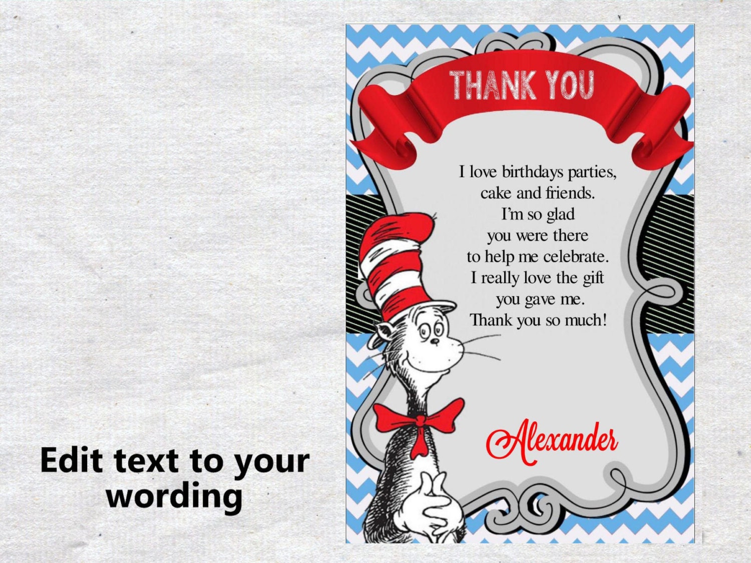 Dr Seuss Thank you card INSTANT DOWNLOAD Birthday Thank you
