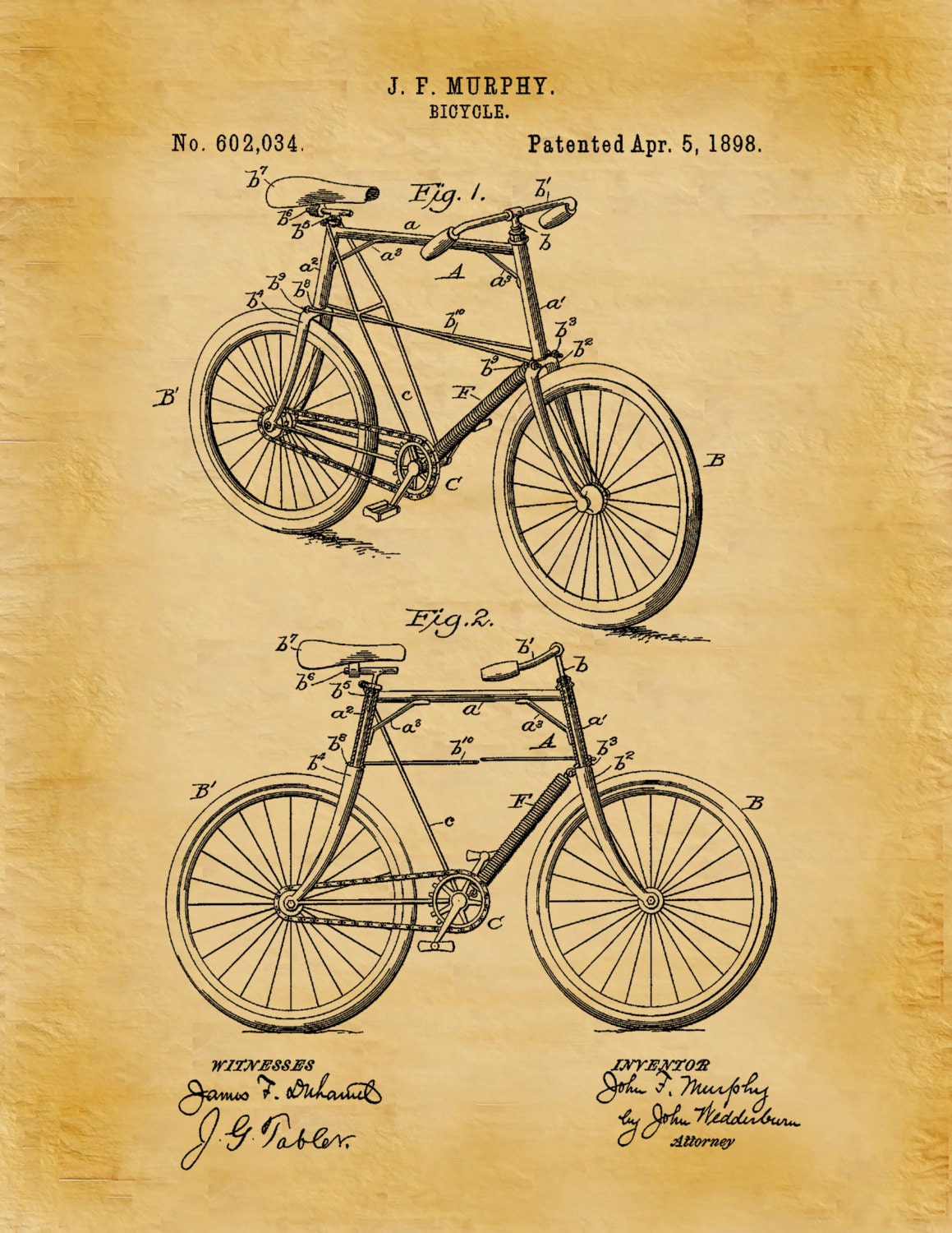 Patent 1898 Bicycle Art Print Poster Wall Art Bike Velocipede