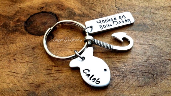 Hooked On You Daddy Hand Stamped Keychain with Fish Charm