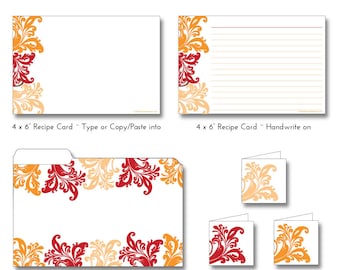 SWIRLS Orange, Red, Peach Printable EDITABLE - Recipe Cards, Mini Folder & Gift Tags - Type or Paste Recipes into PDF - No Writing Needed
