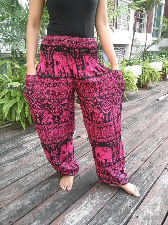 Exotic Red Elephant Print Trousers Yoga Pants Hippie Baggy