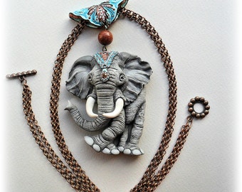 Elephant pendant - polymer clay necklace - animal jewelry - Boho style - indian - miniature - boho jewelry - gift for woman - nature
