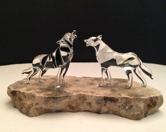 Handblown Glass Double Wolves Sculpture