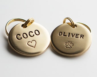 Dog Tag / Pet ID Tag, Round Shaped Tag -Brass-, Customized, Personalized, Hand Stamped