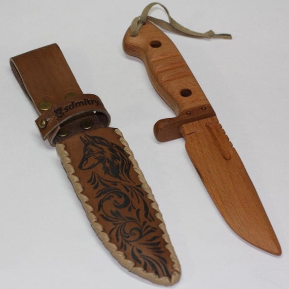 Toy wooden knife with leather sheath