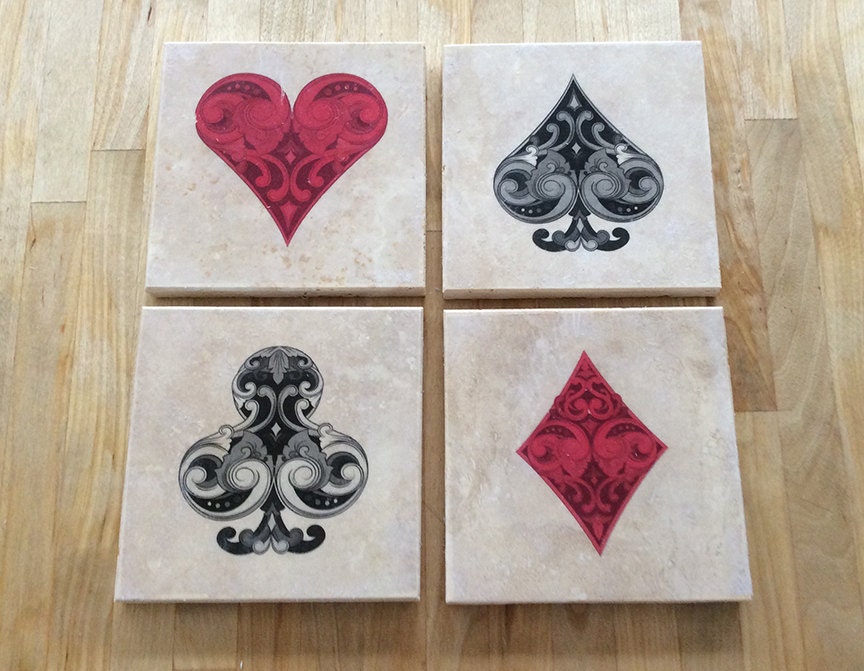 Playing cards coasters set of 4 4 x 4 tumbled marble tiles