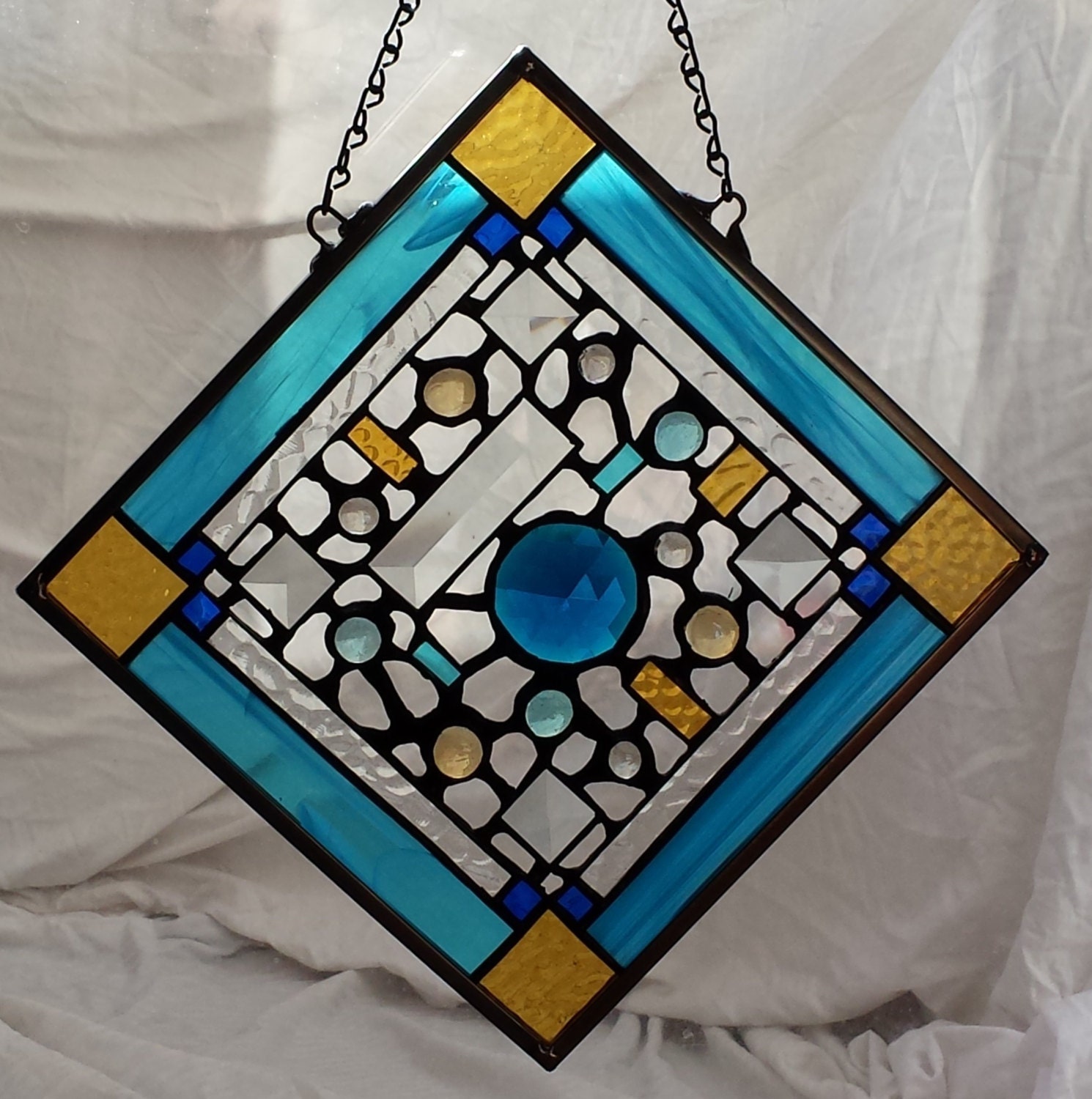 Teal decorative stained glass window hanging by LorinsStainedGlass