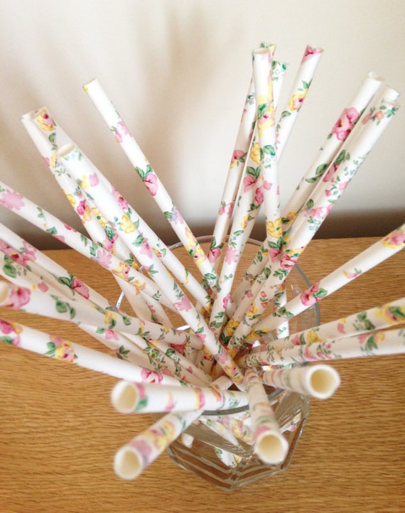 Paper Straws 25 Floral Flower Pattern Country Cottage Chic